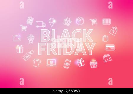 Black fiday - bannière web ecommerce sur fond rose. Diverses icônes de shopping. Concept d'achat en ligne Banque D'Images