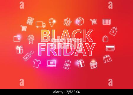 Black fiday - bannière web ecommerce sur fond rouge. Diverses icônes de shopping. Concept d'achat en ligne Banque D'Images