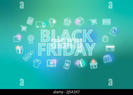 Black fiday - bannière web ecommerce sur fond turquoise. Diverses icônes de shopping. Concept d'achat en ligne Banque D'Images