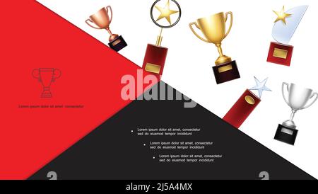 Trophées et récompenses colorés avec coupes en bronze argenté doré et des prix avec des étoiles dans une illustration vectorielle de style réaliste Illustration de Vecteur