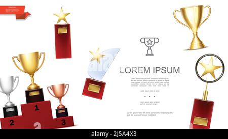 Modèle réaliste de prix et de récompenses avec coupes en bronze argenté doré sur socle et différents trophées avec illustration vectorielle étoiles brillantes Illustration de Vecteur