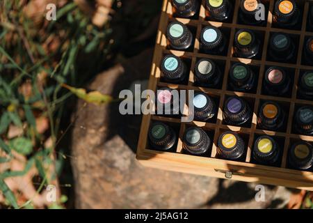 Boîte complète d'huiles essentielles dans un éclairage extérieur à effet de applique Banque D'Images