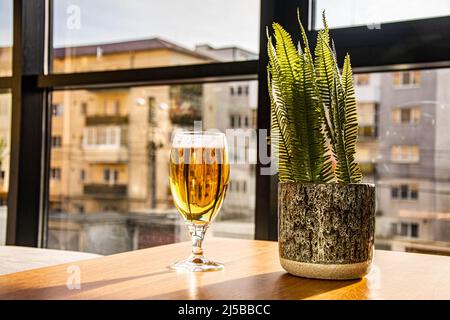 Verre de bière sur une table ensoleillée. Une délicieuse bière en verre. Banque D'Images