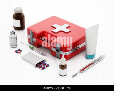 Trousse de premiers soins, outils médicaux et médicaments isolés sur fond blanc. 3D illustration. Banque D'Images