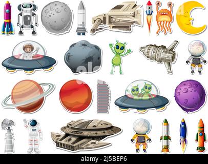 Jeu d'autocollants d'objets de l'espace extérieur et illustration des astronautes Illustration de Vecteur