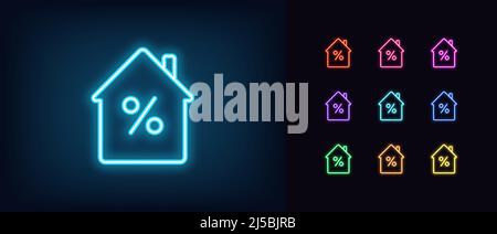 Icône de maison au néon. Maison lumineuse au néon avec signe de pourcentage, pictogramme de maison d'hypothèque. Assurance immobilière, investissement, réservation d'appartement et le Illustration de Vecteur