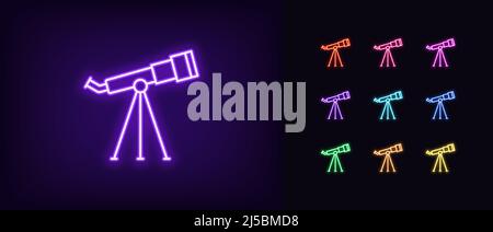 Décrivez l'icône du télescope spatial au néon. Spyglass monoculaire au néon luminescent, pictogramme planétarium. Exploration COSMOS et découverte de l'univers, observatoire spatial Illustration de Vecteur