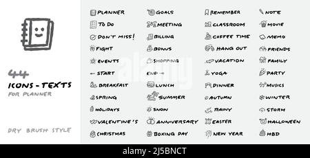 dessiner des icônes dessinées à la main pour le planificateur, l'organiseur, le journal avec texte écrit à la main brosse sèche vecteur ensemble. Illustration de Vecteur