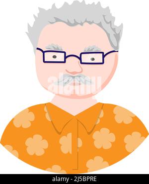 Un vieil homme mignon dans une chemise fleurie, dessinée dans un style plat. Personnage masculin. Avatar. Visage avec des lunettes. Homme âgé. Illustration vectorielle de style plat Illustration de Vecteur