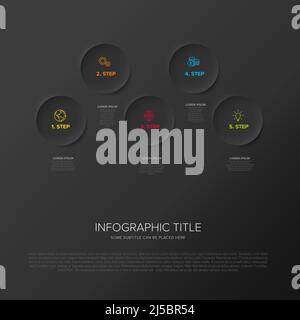 Modèle d'infographique vectoriel sombre multi-usages avec cinq étapes d'options d'éléments de cercle. Infographe polyvalent aux couleurs modernes. Infographie avec rel Illustration de Vecteur