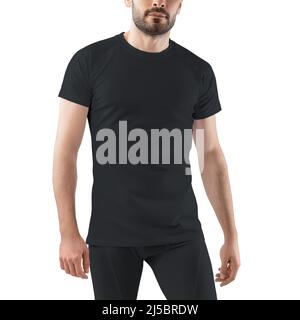 Maquette d'un t-shirt et d'un pantalon sport noirs pour homme. Modèle SPORTSWEAR isolé sur fond blanc. Banque D'Images