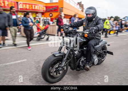 Harley Davidson pilote de moto arrivant pour le rassemblement de moto Southend Shakedown 2022 à Southend on Sea, Essex, Royaume-Uni. Vitesse, mouvement Banque D'Images