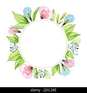 Bannière florale aquarelle. Gouttes de neige bleues, roses et feuilles en cercle. Cadre rond avec motifs transparents et placement pour le texte. Ressort abstrait Banque D'Images