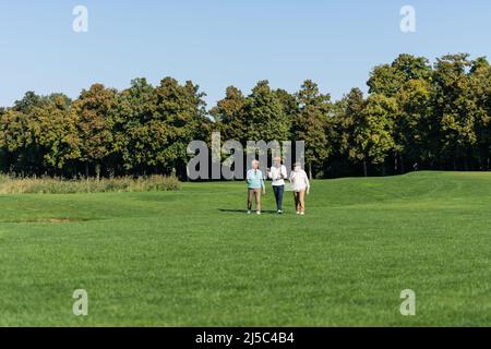 hommes âgés interraciaux marchant avec des clubs de golf sur le terrain Banque D'Images