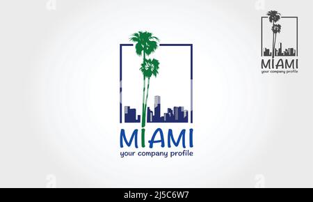 Logo Miami Beach Vector sur la plage tropicale avec palmiers. Style silhouette avec plage, palmier et illustrations vectorielles de bâtiments. Illustration de Vecteur