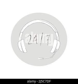 Centre d'appels support client 24 heures sur 24, icône silhouette . Vector Illustration de Vecteur