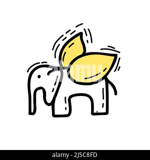Illustration un éléphant avec des ailes de couleur jaune en style doodle Illustration de Vecteur