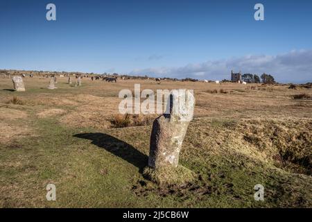 En début d'après-midi, lumière sur la fin du néolithique âge de bronze précoce pierres debout les Hurlers sur Craddock Moor sur la robuste Bodmin Moor dans Cornwall Royaume-Uni. Banque D'Images