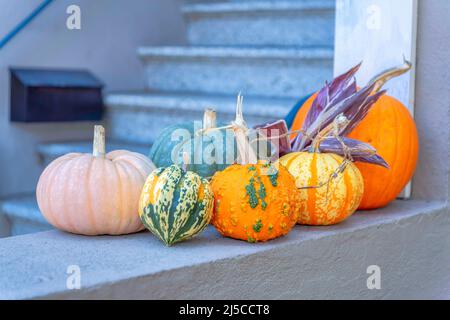 Variété de citrouilles à l'extérieur de la maison à San Francisco, Californie. Décorations de citrouille contre l'escalier avec boîte aux lettres noire fixée au mur à la b Banque D'Images