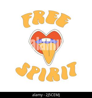 Vintage illustration pop couleur style plat conception 90s autocollant. Autocollant rétro tendance avec lèvres, phrase esprit libre Illustration de Vecteur