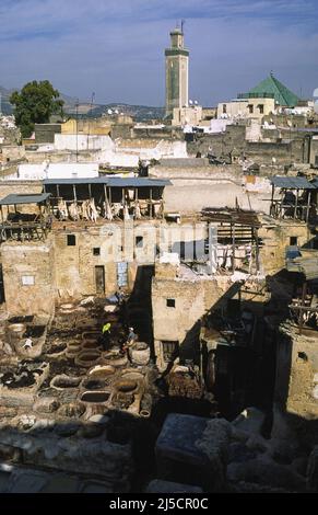 11/14/2010, Fès, Maroc, Afrique - vue imprenable sur les digues à une tannerie traditionnelle et une tannerie dans la médina fortifiée avec ses bâtiments historiques de la vieille ville, site classé au patrimoine mondial de l'UNESCO, avec des collines en arrière-plan. Le quartier du Tanner est l'une des principales attractions touristiques de la ville. [traduction automatique] Banque D'Images