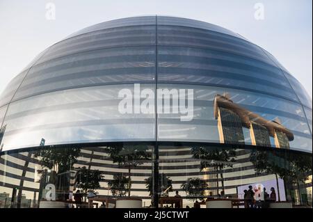 02 décembre 2020, Singapour, République de Singapour, Asie - Une vue de l'extérieur du nouveau magasin phare d'Apple sur le front de mer à Marina Bay Sands, sa façade en verre reflétant le luxe MBS hôtel du même nom. L'architecture futuriste du nouveau magasin prend la forme d'une gigantesque sphère de verre flottant sur l'eau et est le troisième magasin Apple dans la ville-état d'Asie du Sud-est. Le bâtiment a été conçu par l'architecte anglais Norman Foster (Foster and Partners). [traduction automatique] Banque D'Images
