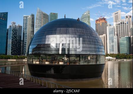 05 janvier 2021, Singapour, République de Singapour, Asie - les travailleurs effectuent l'entretien de la façade en verre bombé du nouveau magasin phare d'Apple à Marina Bay Sands, avec les gratte-ciels du quartier des affaires en arrière-plan. L'architecture futuriste du magasin de détail moderne est en forme de boule de verre géante flottant sur l'eau et est le troisième magasin Apple dans la ville-état d'Asie du Sud-est. Le bâtiment a été conçu par l'architecte anglais Sir Norman Foster (Foster et Partners). L'économie de la métropole financière, qui est fortement tributaire du commerce, a souffert le pire Banque D'Images