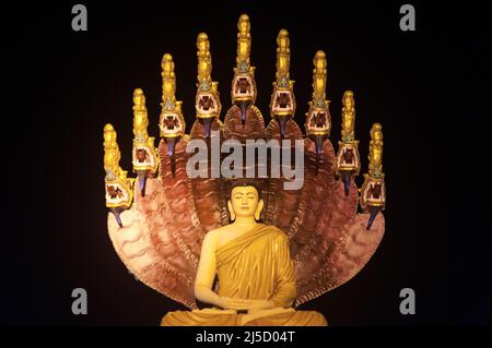 30 janv. 2017, Mawlamyine, République de l'Union du Myanmar, Asie - une figure de Bouddha illuminée à la Pagode Kyaikthanlan, la plus haute pagode bouddhiste de la ville. [traduction automatique] Banque D'Images