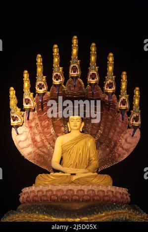30 janv. 2017, Mawlamyine, République de l'Union du Myanmar, Asie - une figure de Bouddha illuminée à la Pagode Kyaikthanlan, la plus haute pagode bouddhiste de la ville. [traduction automatique] Banque D'Images