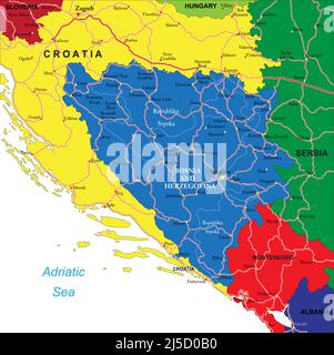 Carte vectorielle très détaillée de la Bosnie-Herzégovine avec régions administratives, principales villes et routes. Illustration de Vecteur