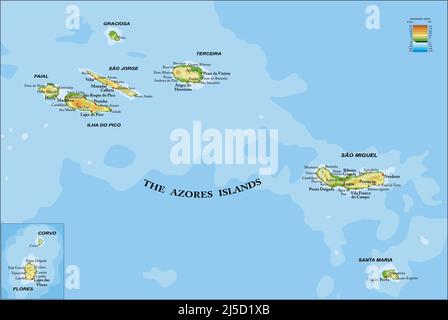 Carte physique très détaillée des îles des Açores, en format vectoriel, avec toutes les formes de relief, les régions et les grandes villes. Illustration de Vecteur