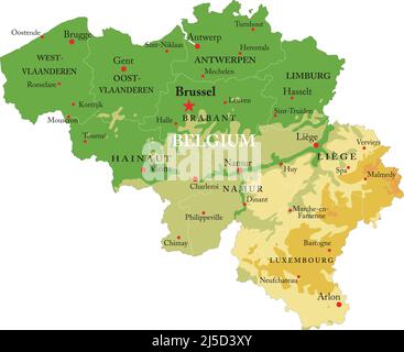 Carte physique très détaillée de la Belgique, en format vectoriel, avec toutes les formes de relief, les régions et les grandes villes. Illustration de Vecteur