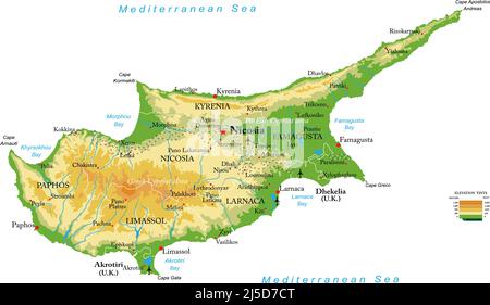 Carte physique très détaillée de Chypre, en format vectoriel, avec toutes les formes de secours, les régions et les grandes villes. Illustration de Vecteur