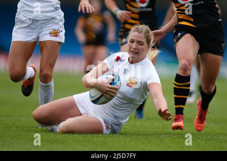 Exeter Chiefs Rugby Women Olivia Jones marquant un essai Banque D'Images