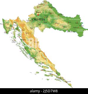 Carte physique très détaillée de la Croatie, en format vectoriel, avec toutes les formes de relief, les régions et les grandes villes. Illustration de Vecteur