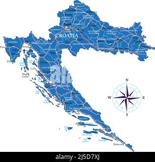 Carte vectorielle très détaillée de la Croatie avec régions administratives, principales villes et routes. Illustration de Vecteur