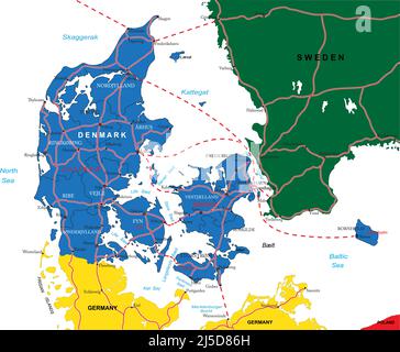 Carte vectorielle très détaillée du Danemark avec régions administratives, principales villes et routes. Illustration de Vecteur