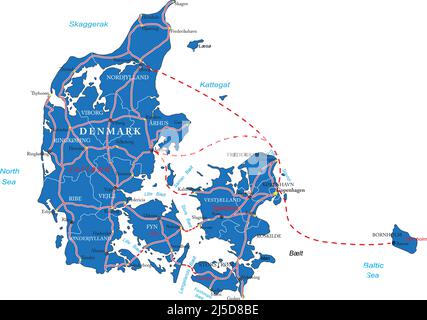 Carte vectorielle très détaillée du Danemark avec régions administratives, principales villes et routes. Illustration de Vecteur