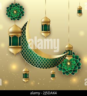 Arrière-plan de la bannière de Ramadan Kareem. Modèles de création de vacances islamiques Ramadan avec croissant de lune d'or. Illustration de Vecteur