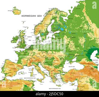 Carte physique très détaillée de l'Europe, en format vectoriel, avec toutes les formes de secours, les pays et les grandes villes. Illustration de Vecteur