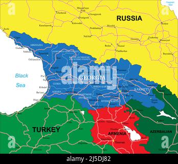 Carte vectorielle très détaillée de la Géorgie avec régions administratives, principales villes et routes. Illustration de Vecteur
