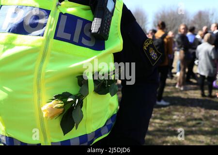 Après les émeutes du week-end de Pâques, Jimmie Åkesson, chef du parti pour les Démocrates de Suède, a visité le district de Skäggetorp à Linköping, en Suède. Sur place dans la région, il a rencontré les médias et le grand public et a présenté une nouvelle proposition dans le domaine de la politique de ​​criminal. Sur la photo : les policiers qui ont reçu des fleurs après la violence et les émeutes du week-end de Pâques. Banque D'Images