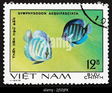 VIETNAM - VERS 1981 : un timbre imprimé au Vietnam montre Blue Discus, Symphysodon Aequifasciata, Fish, vers 1981 Banque D'Images