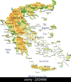 Carte physique très détaillée de la Grèce, en format vectoriel, avec toutes les formes de secours, les régions et les grandes villes. Illustration de Vecteur