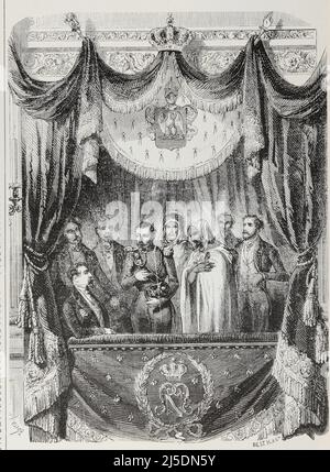 Traduction ENG : ' Abd-el-Kader en visite au Prince-Président, dans sa boîte, à l'extraordinaire performance donnée à l'Opéra, 28 octobre 1852' - Original en français : ' Abd-el-Kader rentrant visite au Prince-Président, dans sa loge, à la présentation extra-ordirire donnée l'Opéra, le 28 octobre 1852,' - extrait de 'l'Illustration Journal universel' - French Illustrated magazine - 1852 Banque D'Images