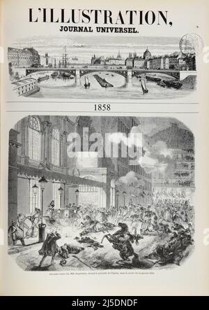 Page d'accueil - FR traduction : ' attaque contre LL. M. Imperiales, en face de la Perystile de l'Opéra, dans la soirée du 14 janvier 1858. ' - Original en français : ' Attentat contre LL. M. Impériale, devant le pérystile de l'Opéra, dans la soirée du 14 janvier 1858. ' - Extrait de 'l'Illustration Journal universel' - magazine illustré français - 1858 Banque D'Images