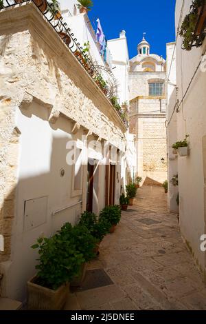 Une rue étroite typique de Locorotondo souvent décorée avec des fleurs, Apulia, Italie. Banque D'Images