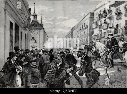 Traduction ENG : ' MADRID. ATTAQUE SUR LA VIE DU ROI ALFONSO XII, 25 OCTOBRE 1878 ' - ORIGINAL EN FRANÇAIS : ' MADRID. ATTENTAT DIRIGÉ CONTRE LA vie DU Roi ALPHONSE XII, LE 25 OCTOBRE 1878 ' - extrait de 'l'Illustration Journal universel' - magazine illustré français - 1878 Banque D'Images