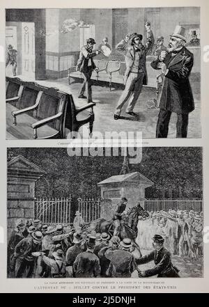 Traduction ENG : ' FOULES EN ATTENTE DE NOUVELLES DU PRÉSIDENT À LA PORTE DE LA MAISON BLANCHE - l'attaque du 2 juillet contre le Président des Etats-Unis ' - Original en français : ' LA FOULE ATTENDANT DES NOUVELLES DU PRÉSIDENT À LA PORTE DE LA MAISON-BLANCHE - l'attentat du 2 juillet contré le président des Etats-Unis ' - extrait de 'l'Illustration Journal universel' - French Illustrated magazine - 1881 Banque D'Images