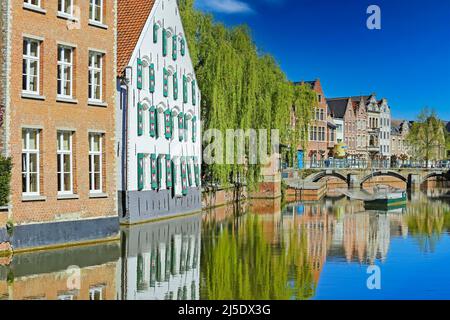 Lier, Belgique - avril 9. 2022: Vue sur le village d'eau douve sur les maisons anciennes, saule vert pleurant, pont d'arche de pierre médiévale, ciel bleu clair Banque D'Images